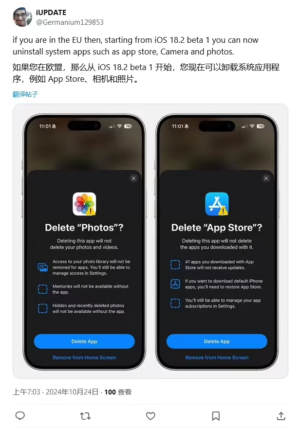 贺兰苹果手机维修分享iOS 18.2 支持删除 App Store 应用商店 